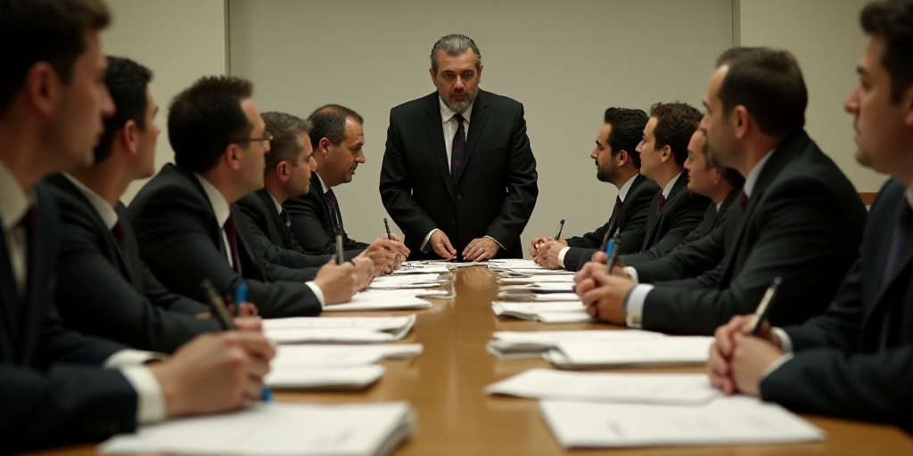 a group of people sitting at a table with papers and pens in front of them and a man standing at the