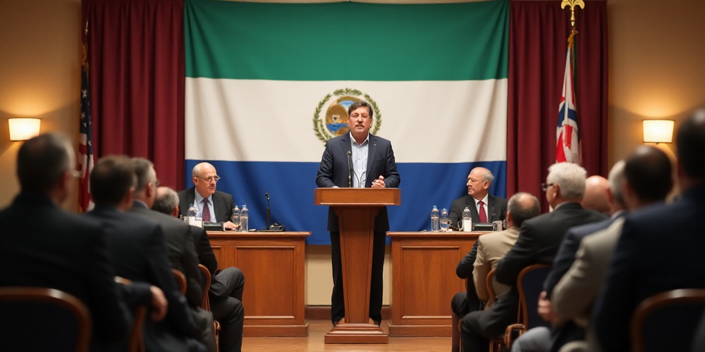 a group of people sitting at a table in front of a banner with a flag on it and a man standing in fr