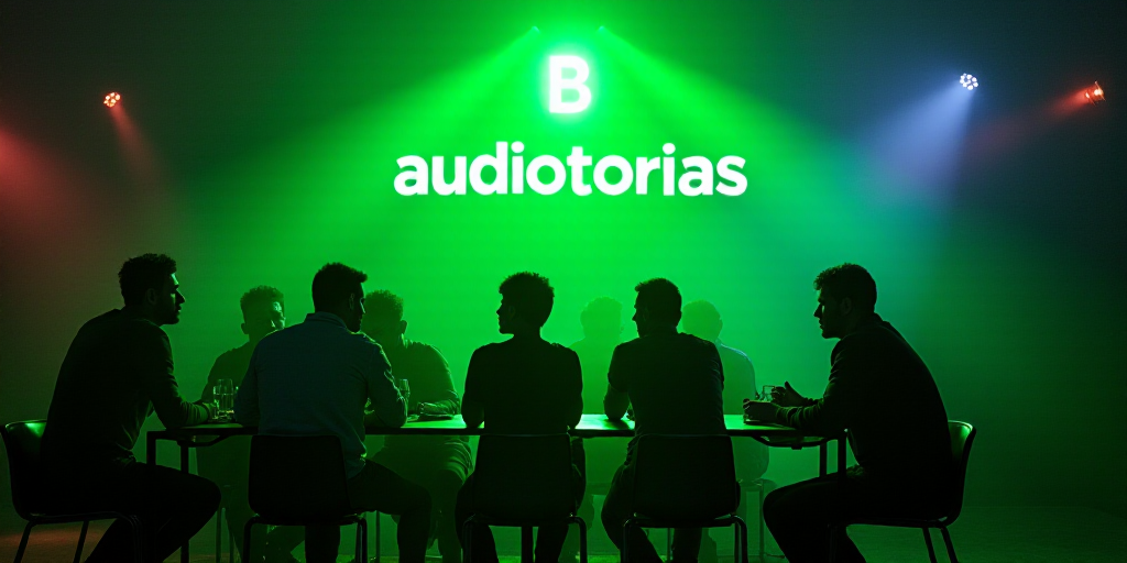 a group of people sitting at a table with a sign behind them that says audiotorias colombia and a gr