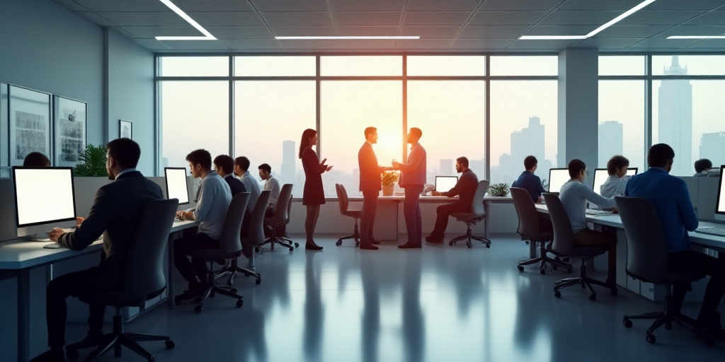 a group of people sitting at desks in an office setting with computers on the desks and people stand