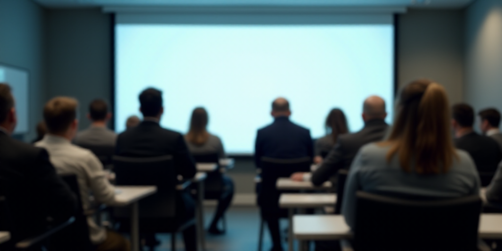 a group of people sitting at desks in a room with a large screen on the wall behind them, Félix Ara