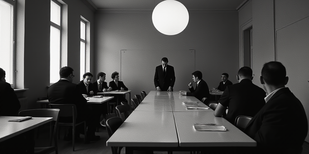 a group of people sitting at tables in a room with a long table and chairs in it and a man standing