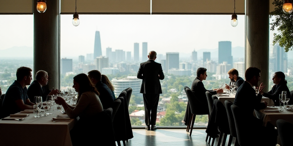 a group of people sitting at tables in a restaurant with a view of the city below them and a woman s