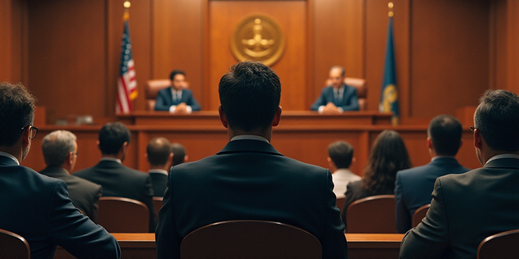 a group of people sitting in a courtroom with a judge and a judge in the background and a judge in t
