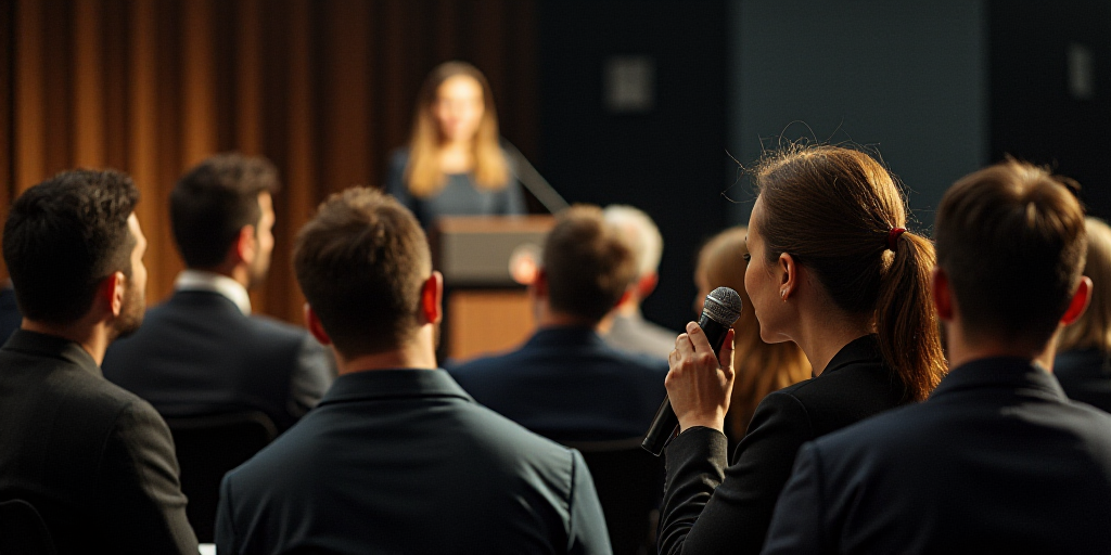 a group of people sitting in front of a podium with a microphone in their hands and a woman standing