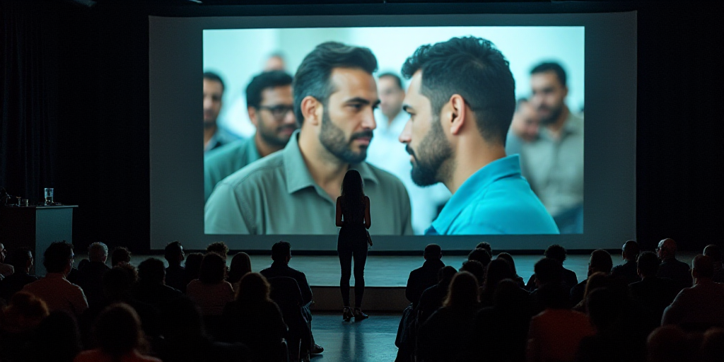 a group of people sitting in front of a large screen with a picture of men on it and a woman standin