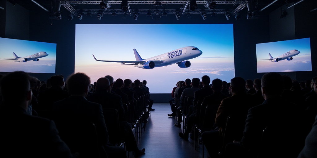 a group of people sitting in front of a crowd of people in chairs in front of a screen with a plane