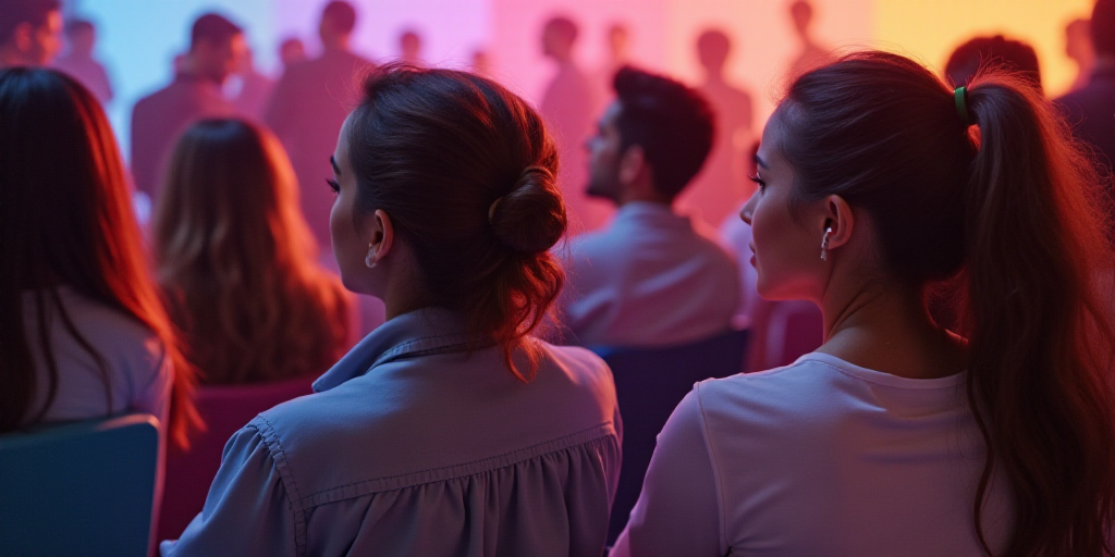 a group of people sitting next to each other in a room with a crowd of people standing around them,