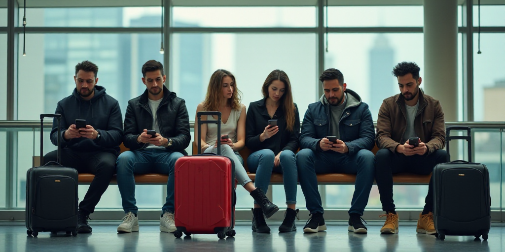 a group of people sitting on a bench with luggage and cell phones in their hands and a man on his ce
