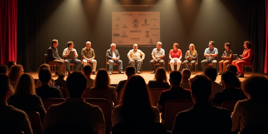 a group of people sitting on a stage in front of a crowd of people in chairs and a speaker, Ceferí