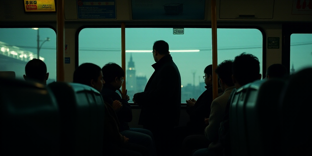 a group of people sitting on a bus at night time, looking out the window, with a man standing in the