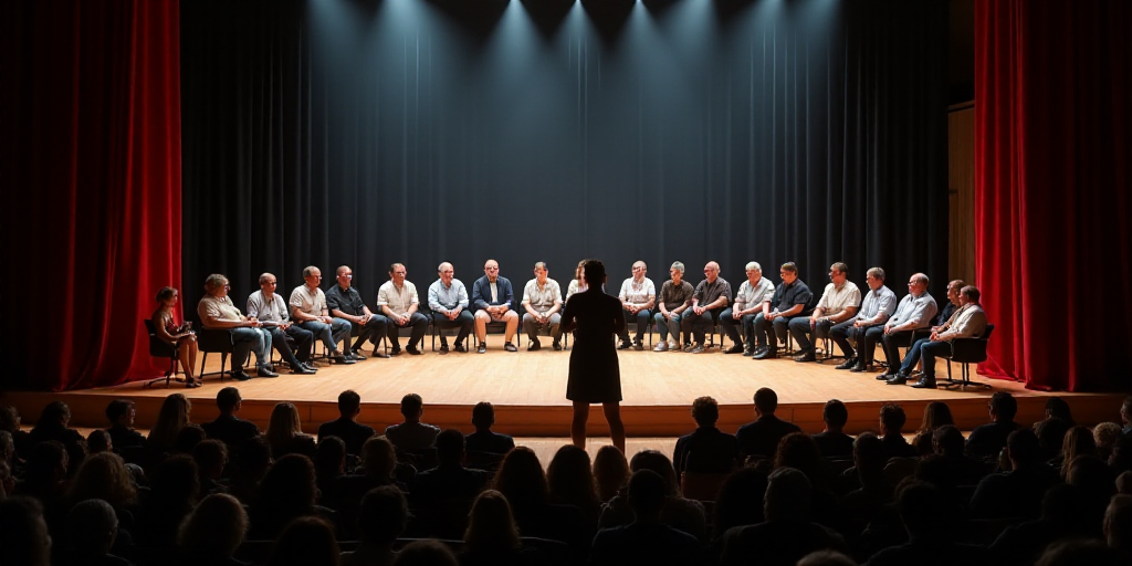 a group of people sitting on a stage with a man speaking to them and a woman standing at the front o