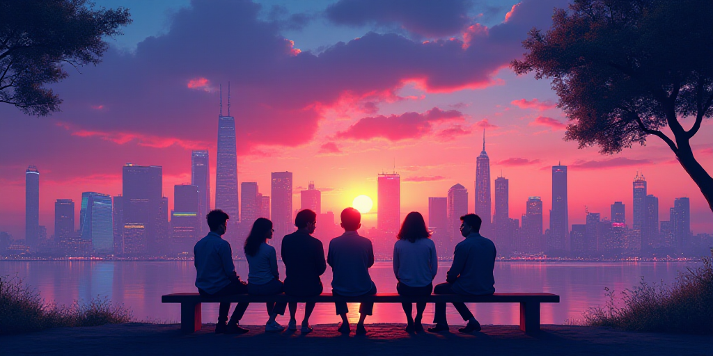 a group of people sitting on a bench in front of a city skyline at night with a rainbow colored sky,