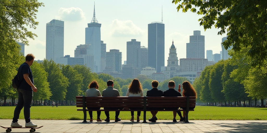 a group of people sitting on a bench in a city park with tall buildings in the background and a skat