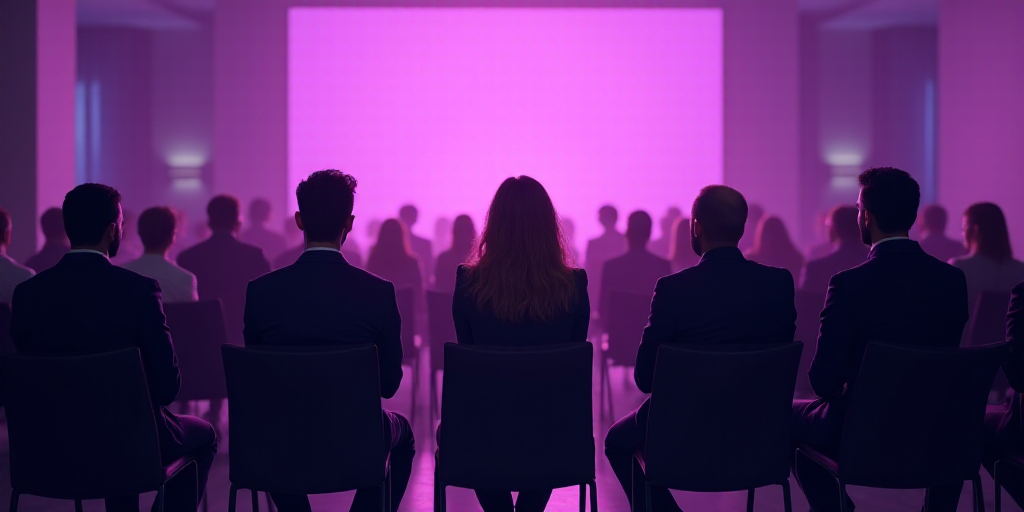 a group of people sitting on chairs in front of a crowd of people at a business meeting in a purple