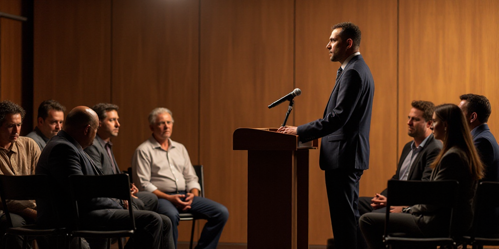 a group of people sitting on chairs in front of a microphone and a man standing at a podium with a m