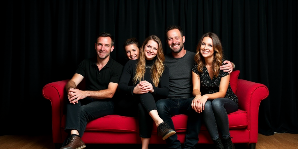 a group of people sitting on top of a red couch next to each other on a black background with a blac