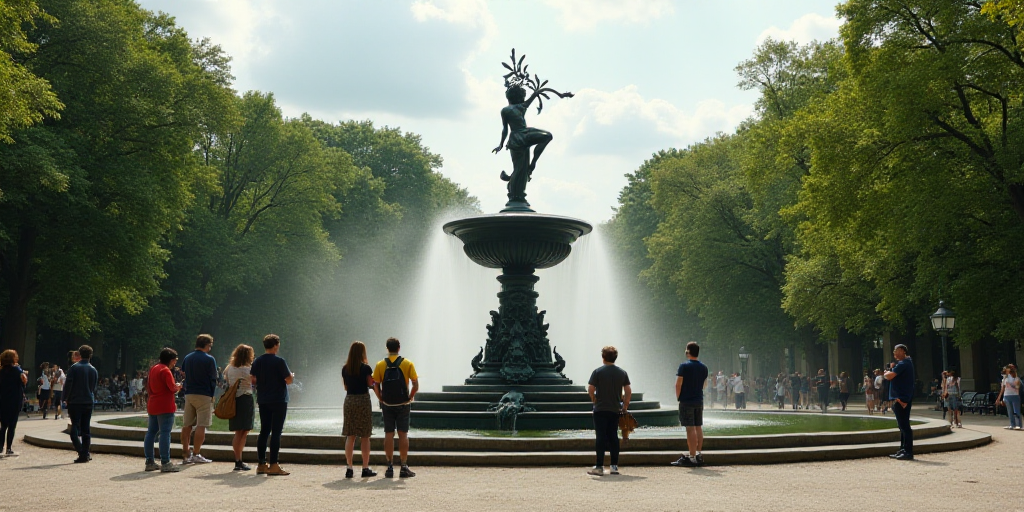a group of people standing around a fountain in a park area with a clock on it's side, Cherryl Fount