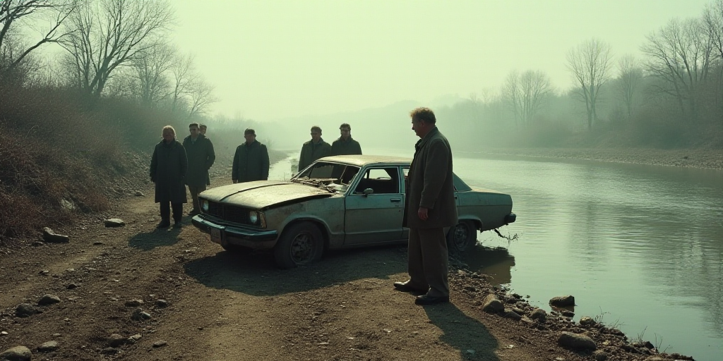 a group of people standing around a wrecked car in a river bank area with a man standing next to it,