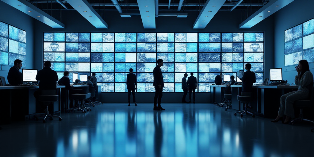 a group of people standing around a counter with lots of monitors on it's walls and a man walking by