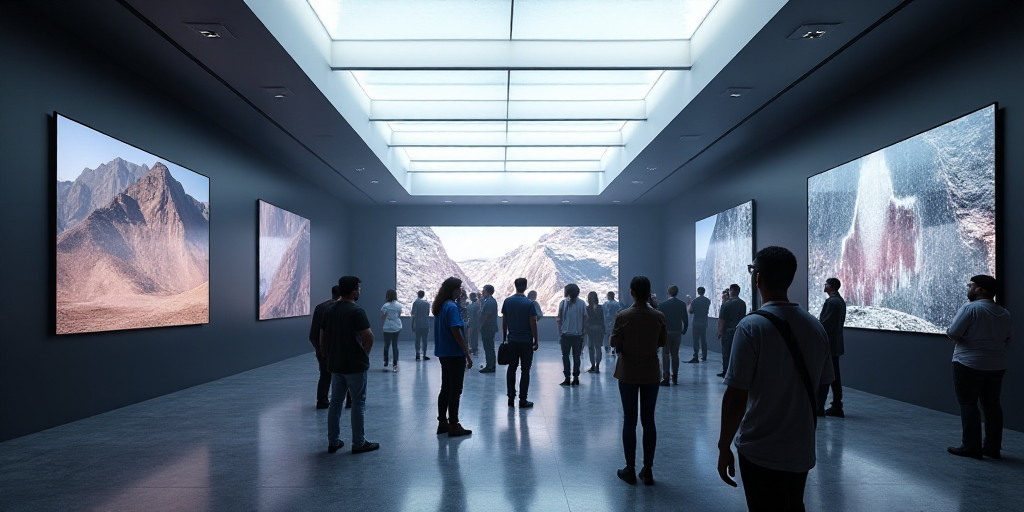 a group of people standing around a display of televisions and monitors in a building with a skyligh