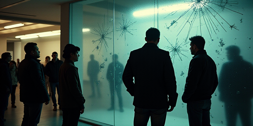 a group of people standing around a broken glass window with writing on it and a man in a black jack
