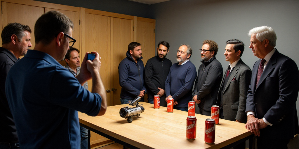 a group of people standing around a table with cans of sodas on it and a man taking a picture, Cefer