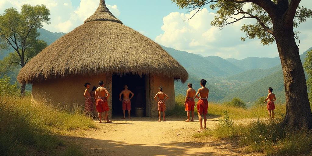a group of people standing around a village with a thatched roof and a thatched roof on top of it, C