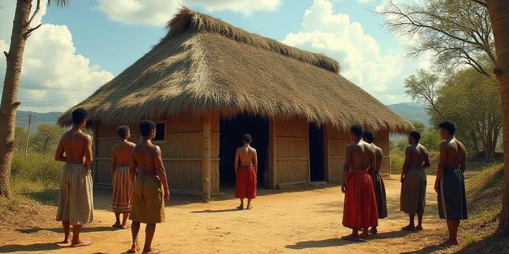a group of people standing around a village with a thatched roof and a thatched roof on top of it, C