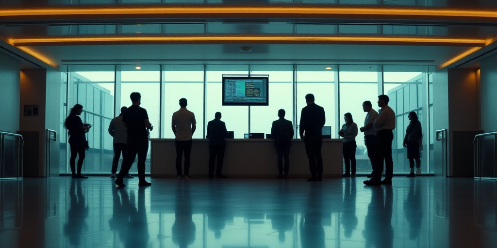 a group of people standing around a bank counter in a building with a tv on the wall above it, Carlo
