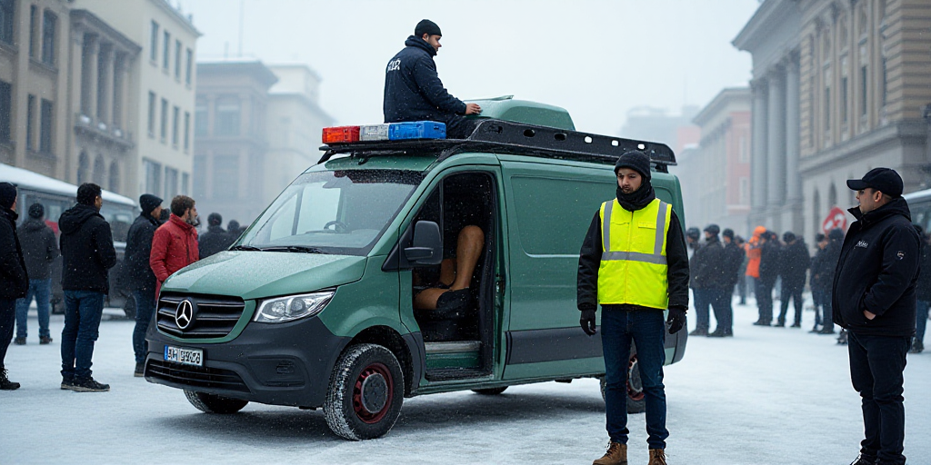 a group of people standing around a van with a man in a uniform on it's back and a woman in a yellow