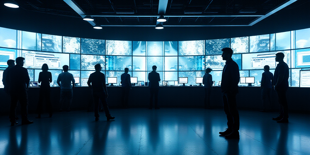 a group of people standing around a counter with lots of monitors on it's walls and a man walking by