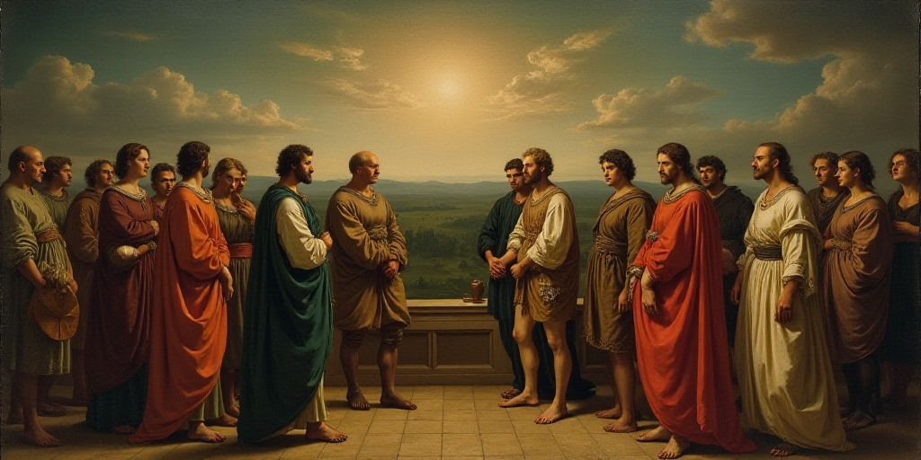 a group of people standing around each other on a ledge with a tv screen in the middle of them, Denn