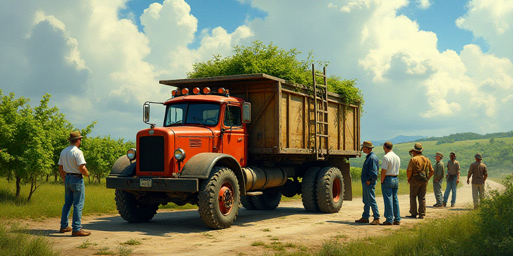 a group of people standing around a truck with a ladder on it's back and a ladder on the back of it,