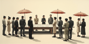 a group of people standing around a table with papers on it and umbrellas over them and people stand