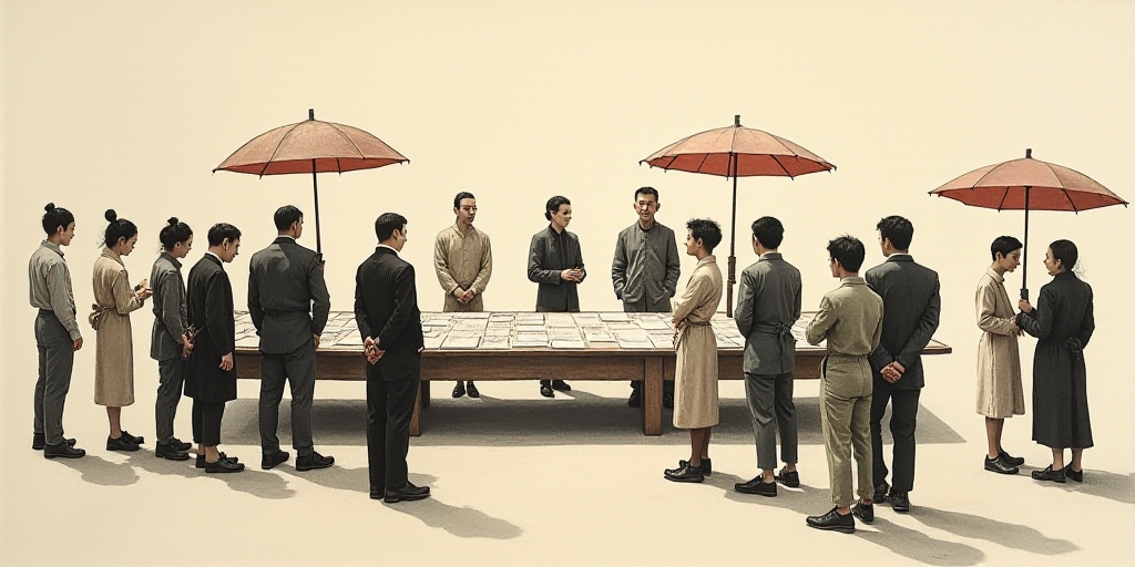 a group of people standing around a table with papers on it and umbrellas over them and people stand