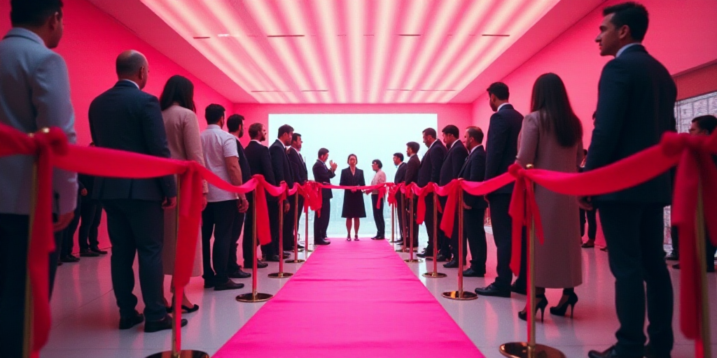 a group of people standing around a pink carpeted floor with a ribbon cutting ceremony in front of t