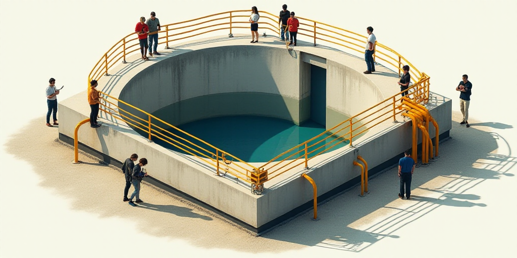 a group of people standing around a cement structure with yellow railings and pipes on it's sides, A