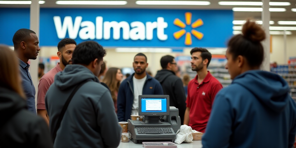 a group of people standing around a walmart cash register machine in a store with walmart sign in th