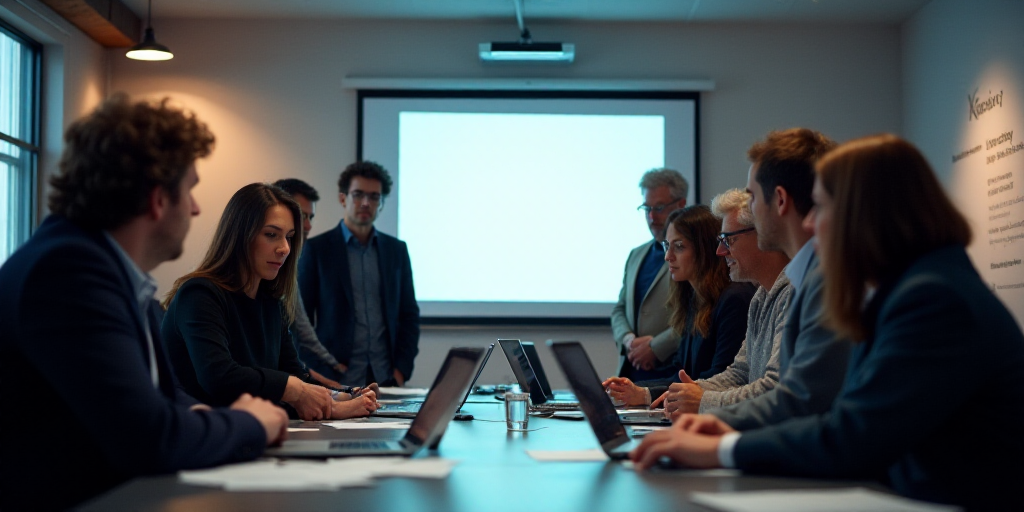 a group of people standing around a table with laptops and papers on it, and a projector screen in t