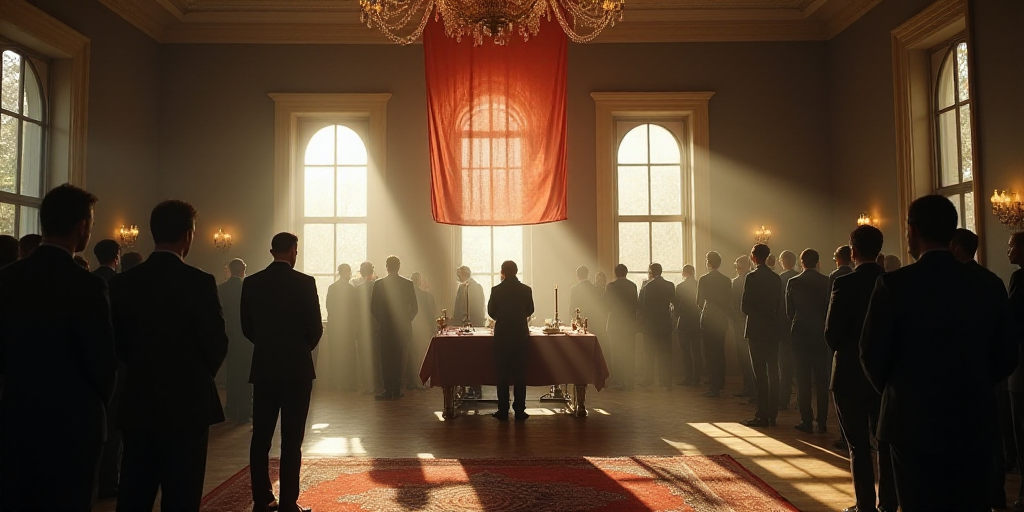 a group of people standing around a room with a table and chairs in it and a flag hanging from the c