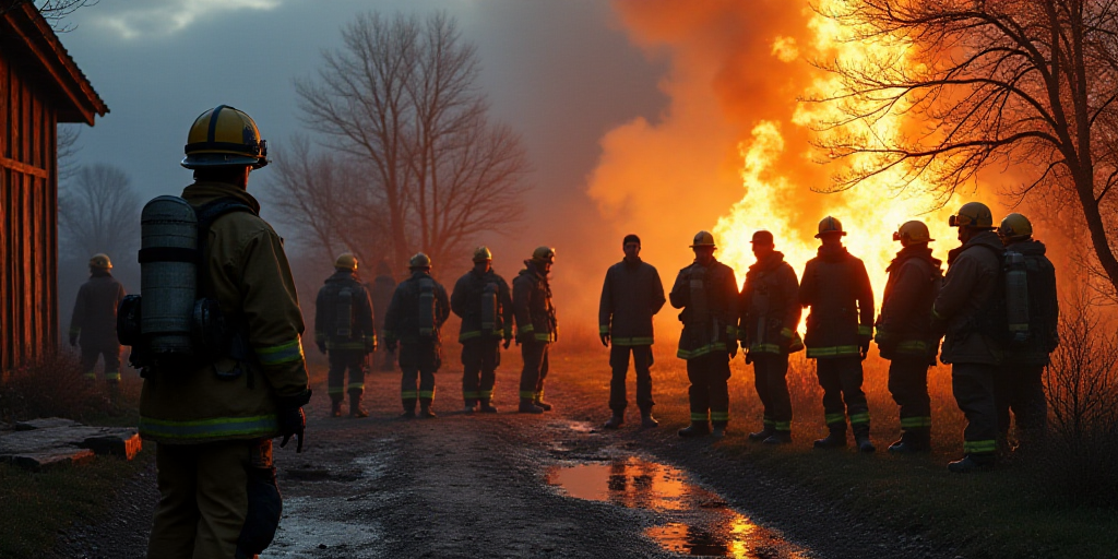 a group of people standing around a wooden structure with a fireman in the background and a fireman