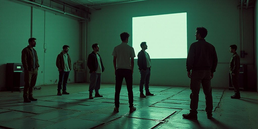 a group of people standing around a room with metal sheets on the floor and a television screen in t