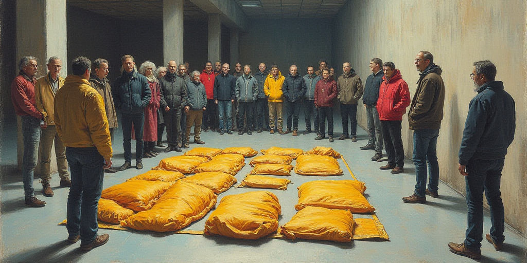 a group of people standing around a bunch of sleeping bags on a floor in a building with people stan