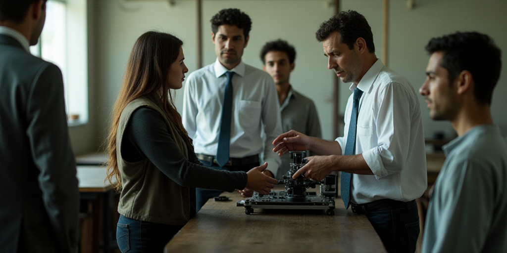 a group of people standing around a machine with a man in a vest on it's back and a man in a white s