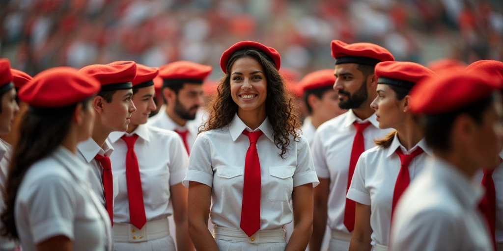 a group of people standing around each other in a crowd of people wearing white uniforms and red cap