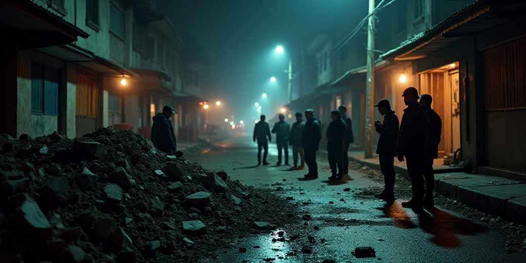 a group of people standing around a pile of rubble in a street at night time with a fire hydrant in