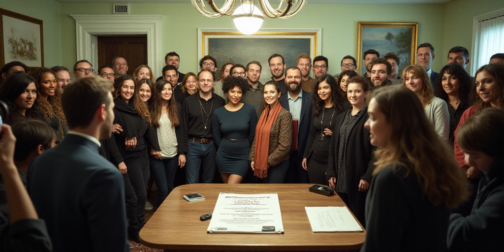 a group of people standing around a table with a sign on it and a bunch of people taking pictures, E