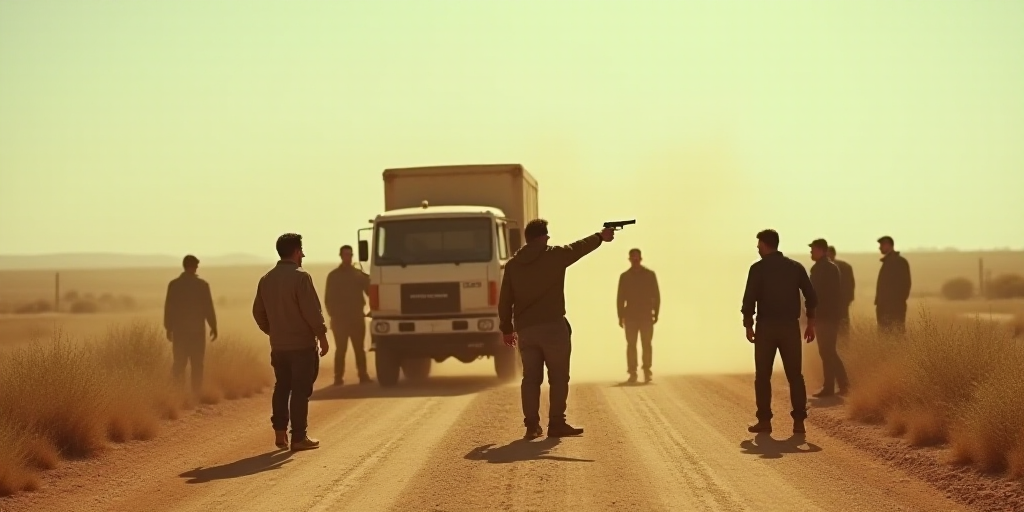 a group of people standing around a truck on a dirt road with a man holding a gun in the air, Amir Z