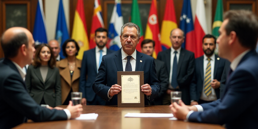 a group of people standing around a table with flags behind them and a man holding a plaque in front